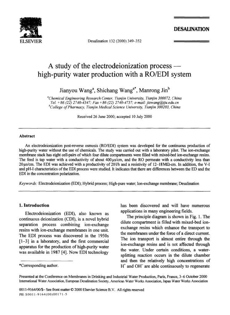 A Study Of The Electrodeionization Process High-Purity Water Production With A RO/EDI System