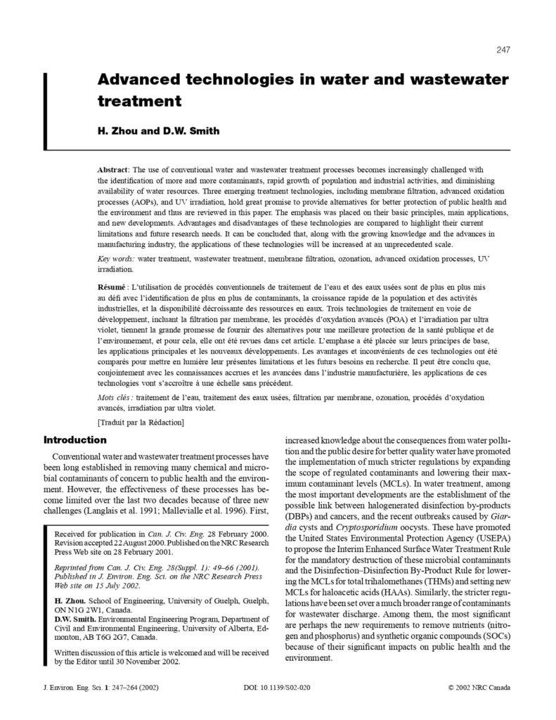 Advanced Technologies In Water And Wastewater Treatment