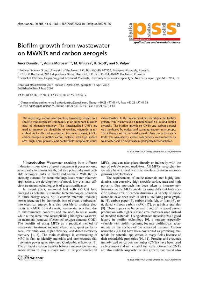 Biofilm Growth From Wastewater On Mwnts And Carbon Aerogels