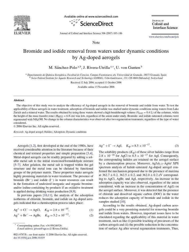Bromide And Iodide Removal From Waters Under Dynamic Conditions By Ag-Doped Aerogels