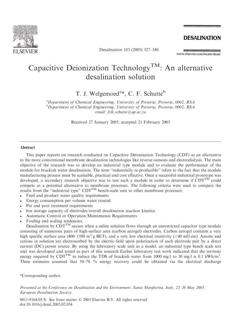Capacitive Deionization Technologytm: An Alternative Desalination Solution
