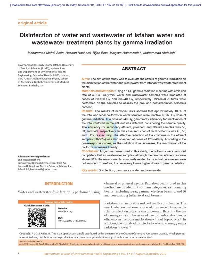 Disinfection Of Water And Wastewater Of Isfahan Water And Wastewater Treatment Plants By Gamma Irradiation