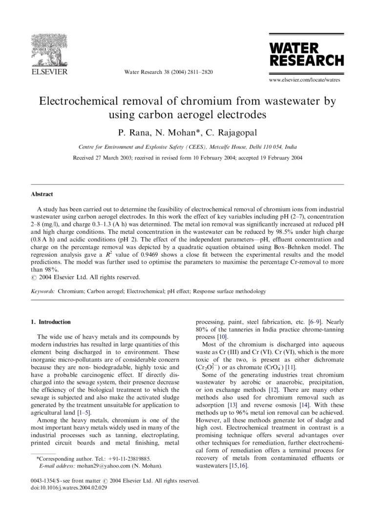 Electrochemical Removal Of Chromium From Wastewater By Using Carbon Aerogel Electrodes