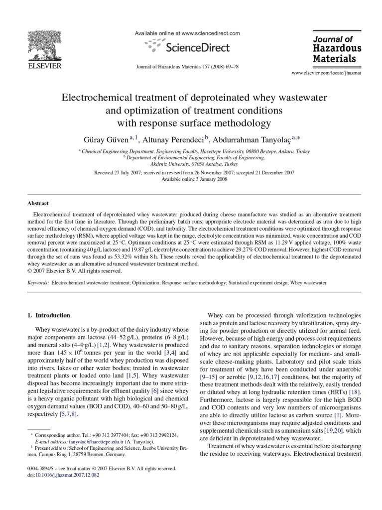 Electrochemical Treatment Of Deproteinated Whey Wastewater And Optimization Of Treatment Conditions With Response Surface Methodology