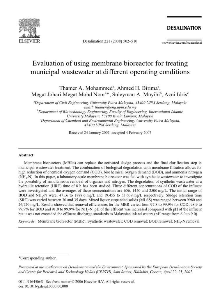 Evaluation Of Using Membrane Bioreactor For Treating Municipal Wastewater At Different Operating Conditions