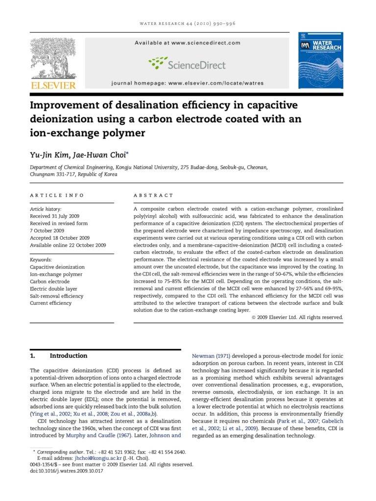 Improvement Of Desalination Efficiency In Capacitive Deionization Using A Carbon Electrode Coated With An Ion-Exchange Polymer