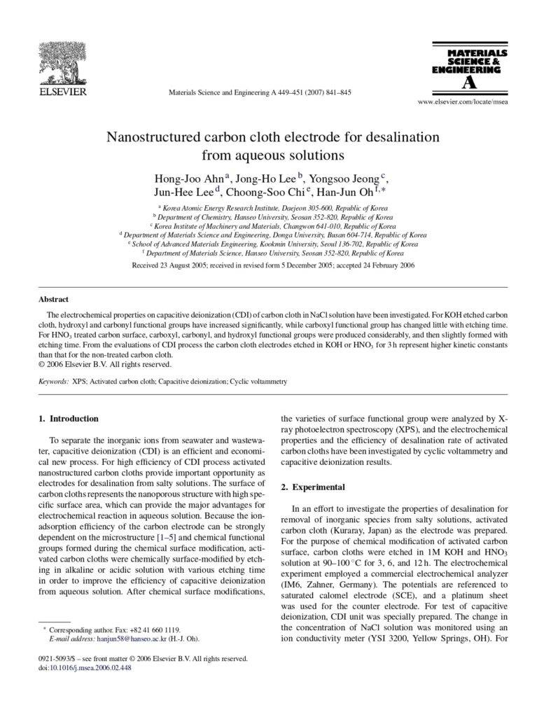 Nanostructured Carbon Cloth Electrode For Desalination From Aqueous Solutions