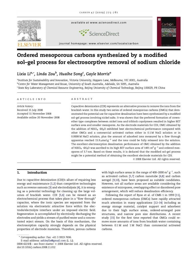 Ordered Mesoporous Carbons Synthesized By A Modified Sol–Gel Process For Electrosorptive Removal Of Sodium Chloride
