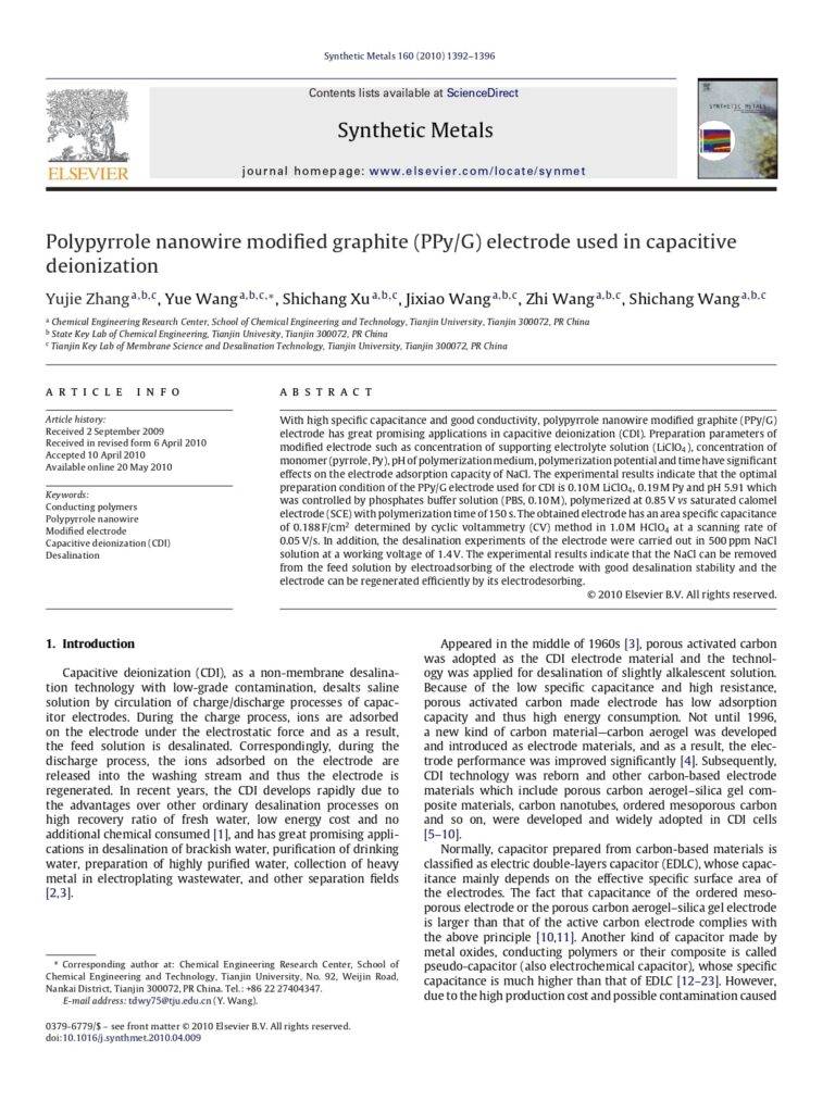 Polypyrrole Nanowire Modified Graphite (Ppy/G) Electrode Used In Capacitive Deionization