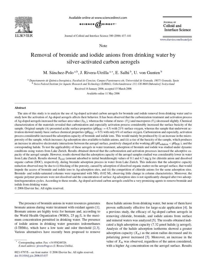 Removal Of Bromide And Iodide Anions From Drinking Water By Silver-Activated Carbon Aerogels