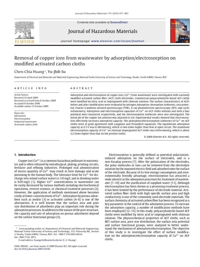 Removal Of Copper Ions From Wastewater By Adsorption/Electrosorption On Modified Activated Carbon Cloths