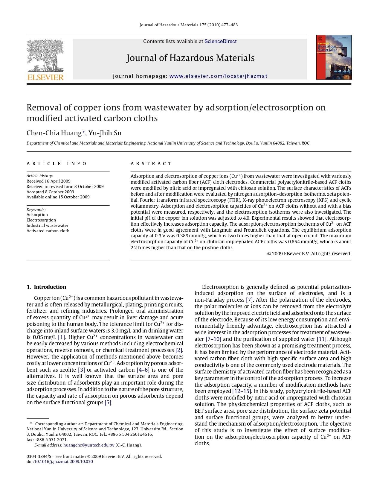 Removal Of Copper Ions From Wastewater By Adsorption/Electrosorption On ...