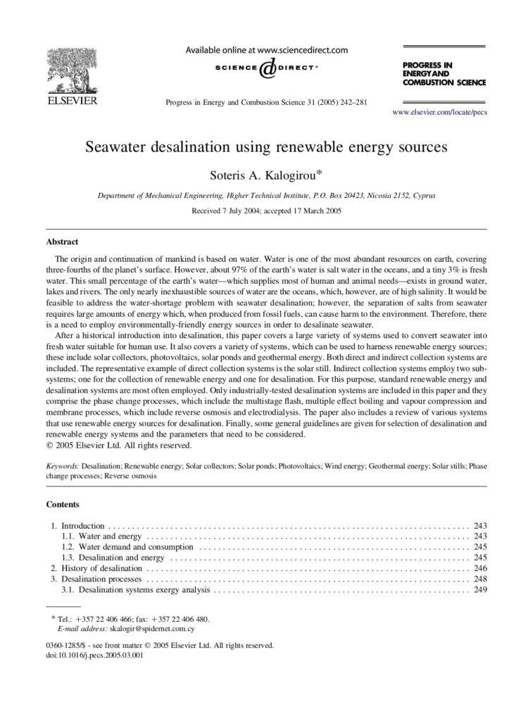 Seawater Desalination Using Renewable Energy Sources