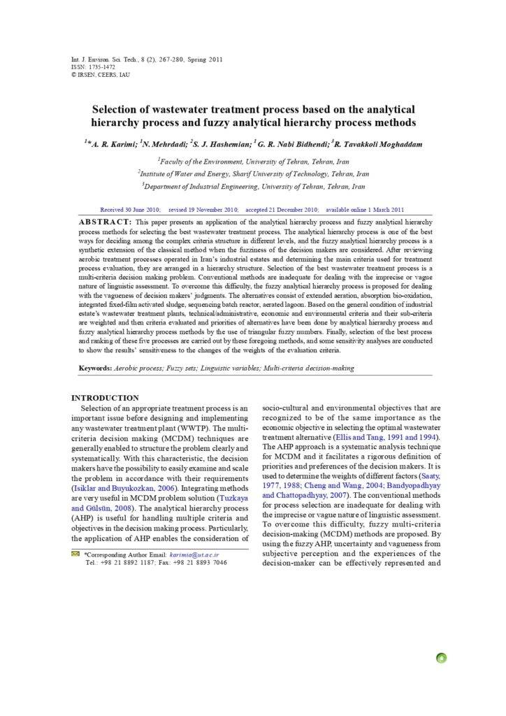 Selection Of Wastewater Treatment Process Based On The Analytical Hierarchy Process And Fuzzy Analytical Hierarchy Process Methods