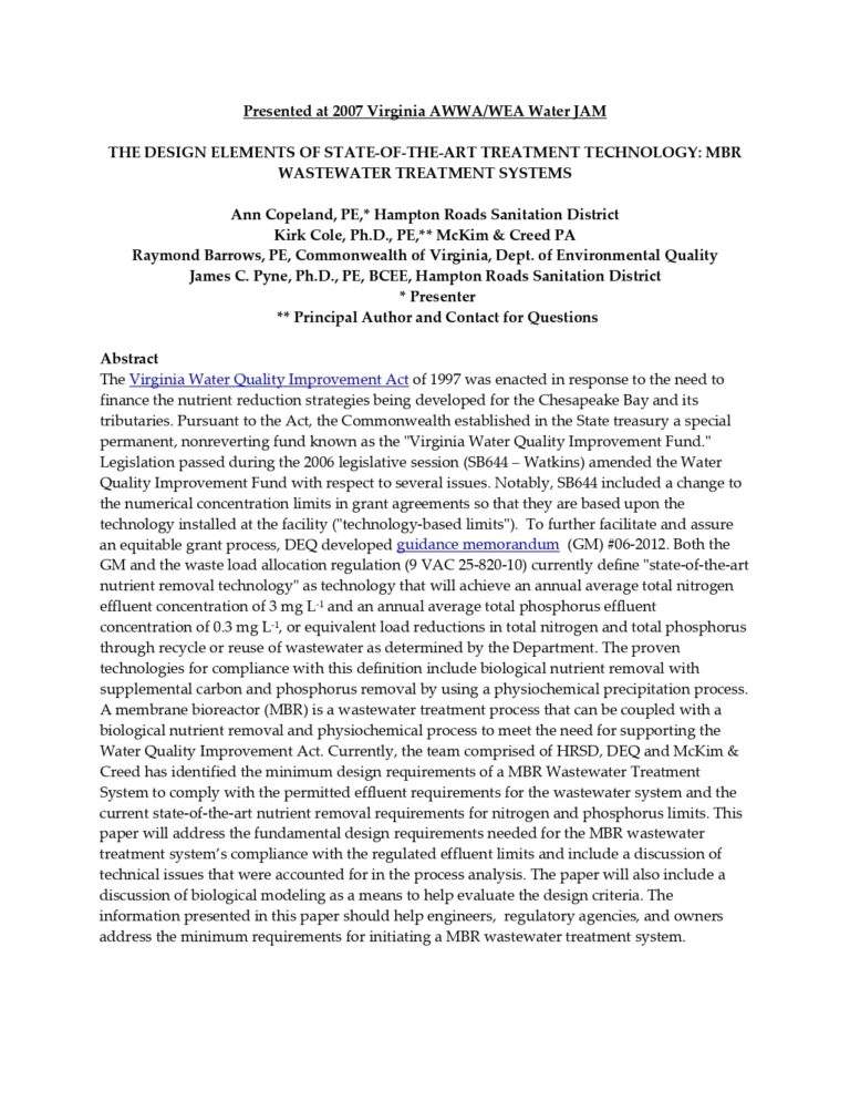 The Design Elements Of State‐Of‐The‐Art Treatment Technology: Mbr Wastewater Treatment Systems