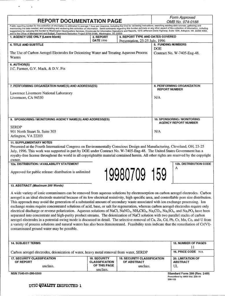 The Use Of Carbon Aerogel Electrodes For Deionizing Water And Treating Aqueous Process Wastes