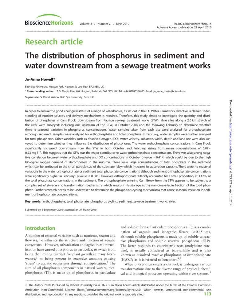The Distribution Of Phosphorus In Sediment And Water Downstream From A Sewage Treatment Works
