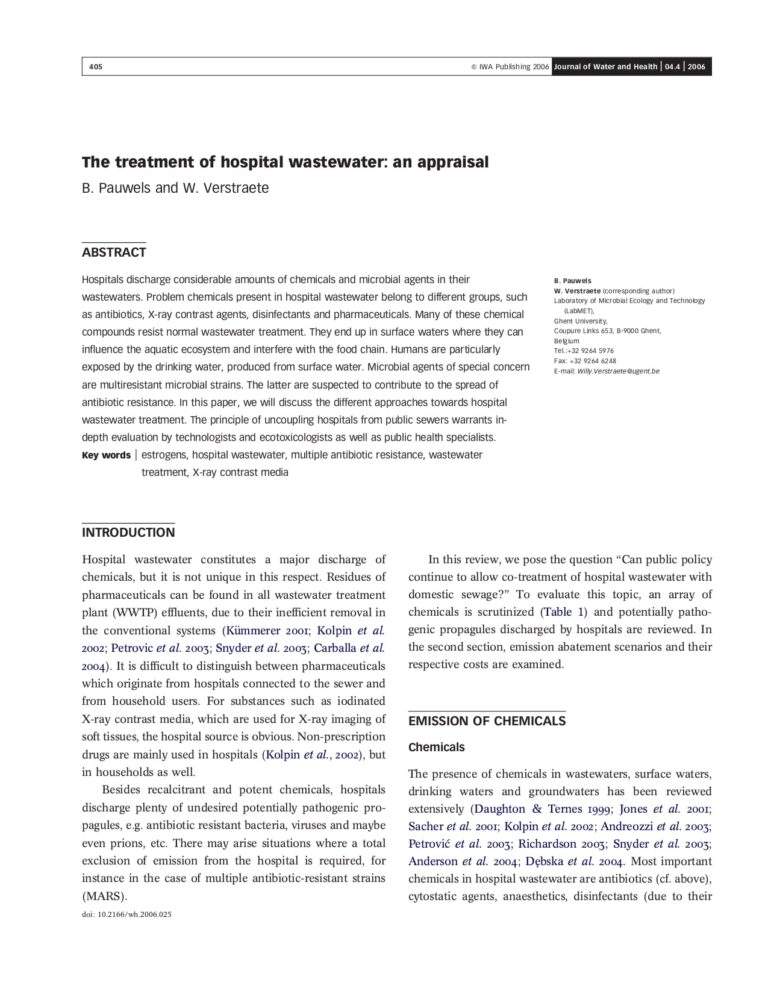 The Treatment Of Hospital Wastewater: An Appraisal