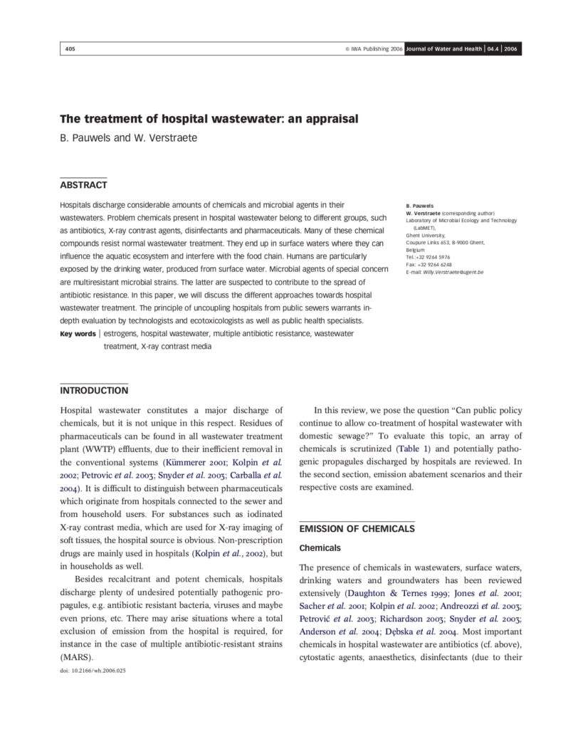 The Treatment Of Hospital Wastewater: An Appraisal