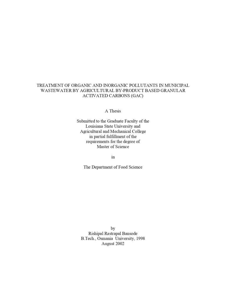 Treatment Of Organic And Inorganic Pollutants In Municipal Wastewater By Agricultural By-Product Based Granular Activated Carbons (GAC)