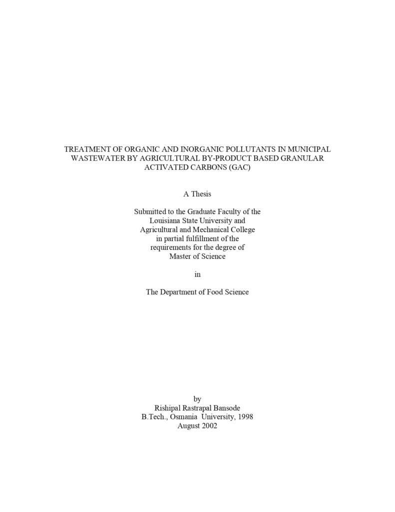 Treatment Of Organic And Inorganic Pollutants In Municipal Wastewater By Agricultural By-Product Based Granular Activated Carbons (GAC)