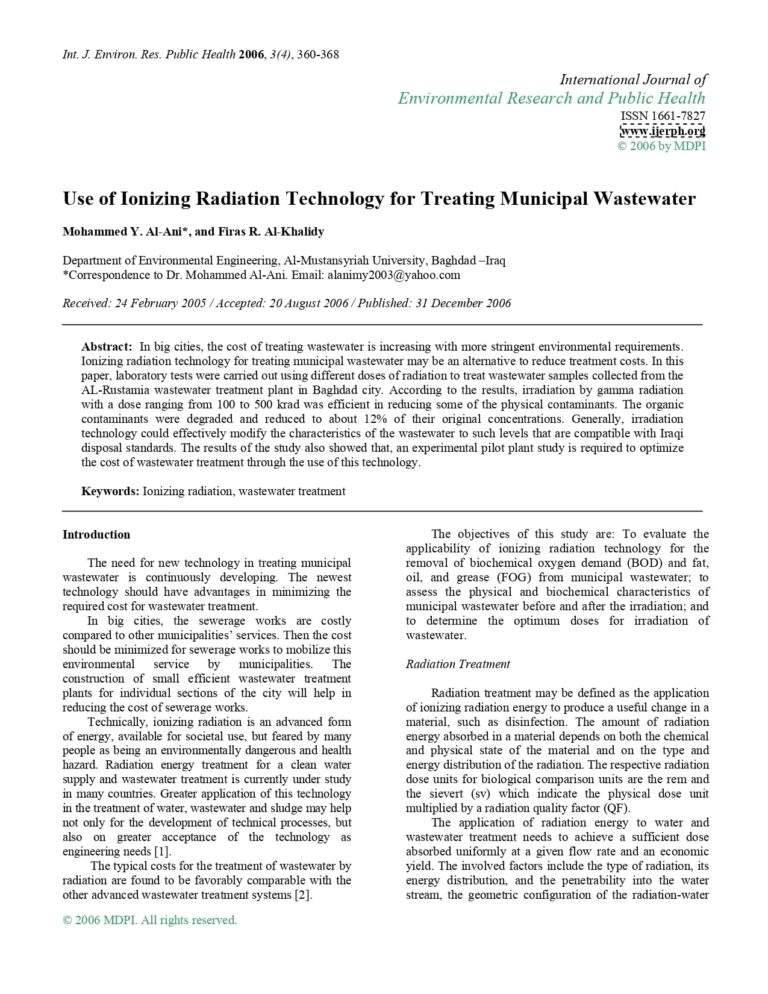 Use of Ionizing Radiation Technology for Treating Municipal Wastewater