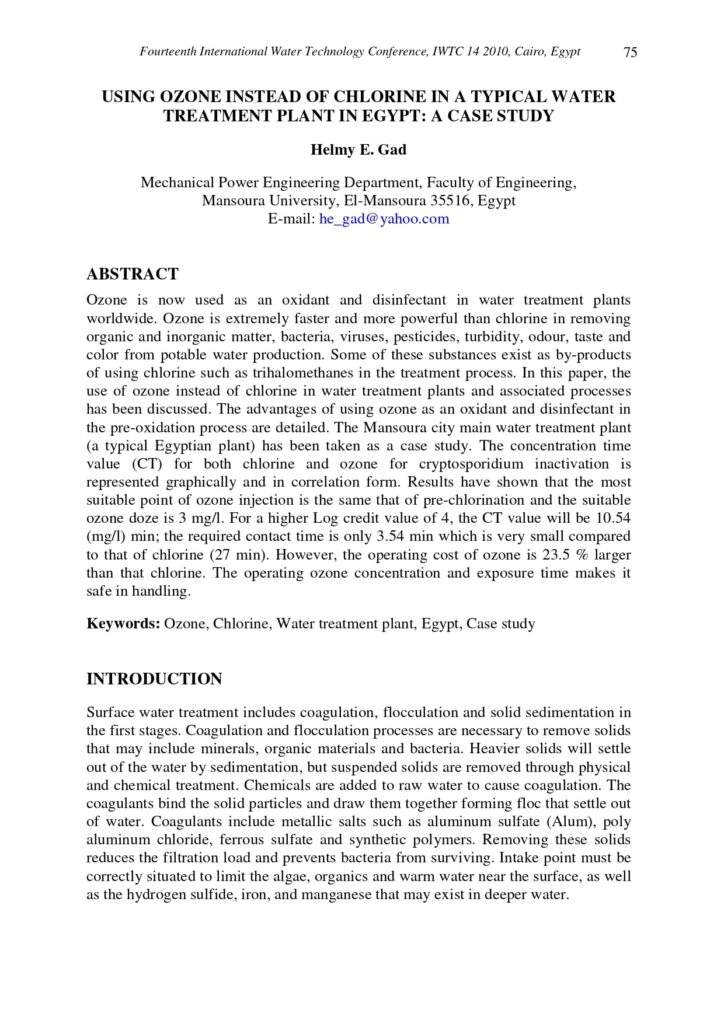 Using Ozone Instead Of Chlorine In A Typical Water Treatment Plant In Egypt A Case Study