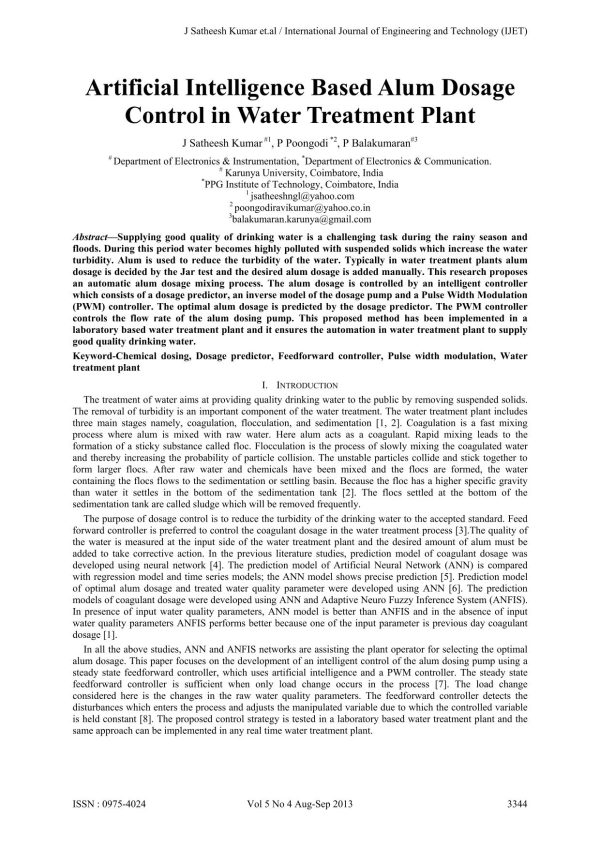 Artificial Intelligence Based Alum Dosage Control in Water Treatment Plant AquaEnergy Expo