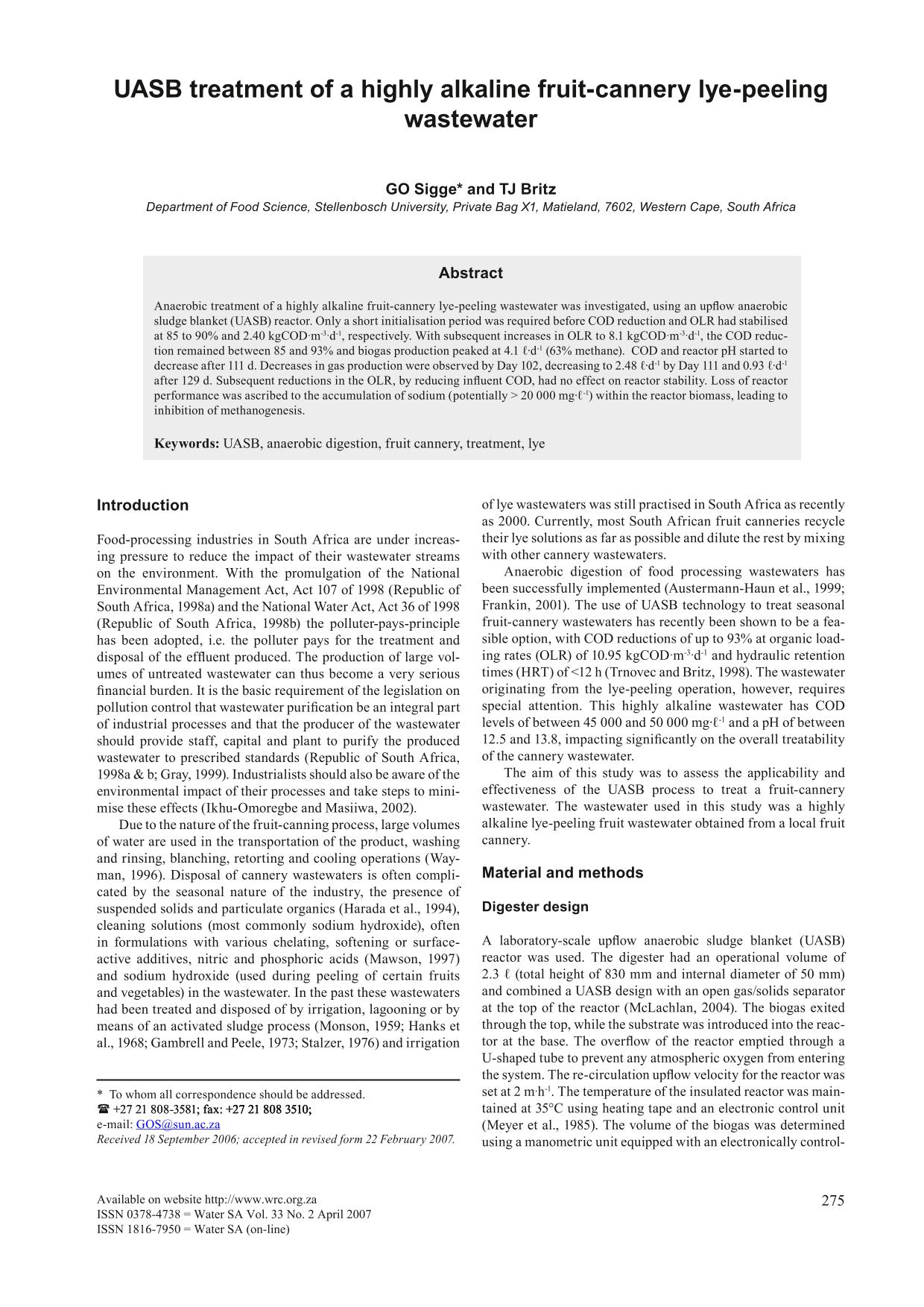 UASB Treatment Of A Highly Alkaline FruitCannery LyePeeling