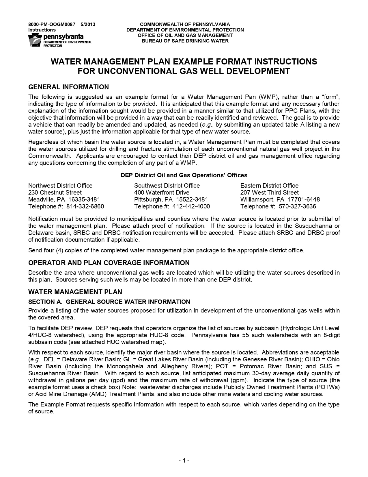 Water Management Plan Example Format Instructions for Unconventional