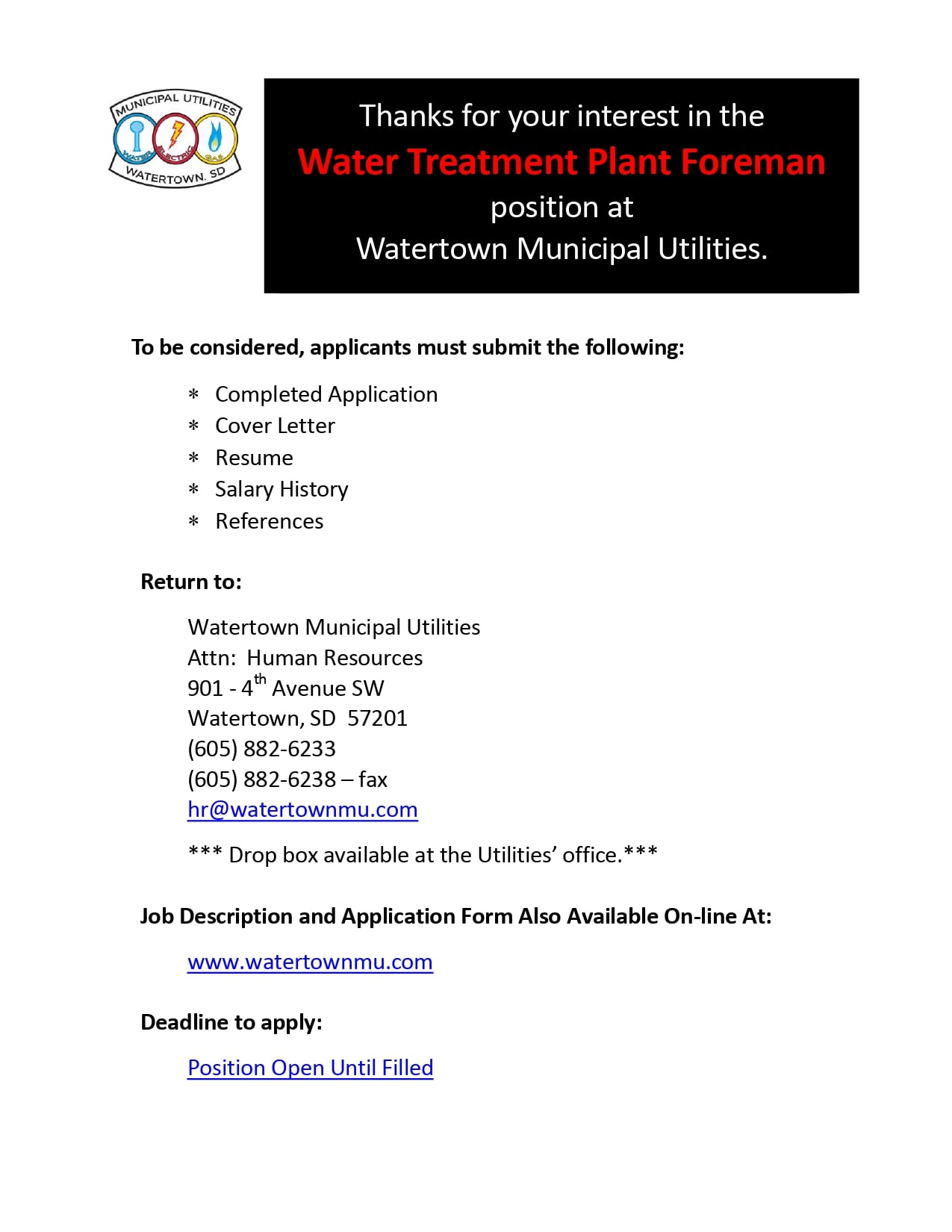 Water Treatment Plant ForemanWatertown Municipal Utilities