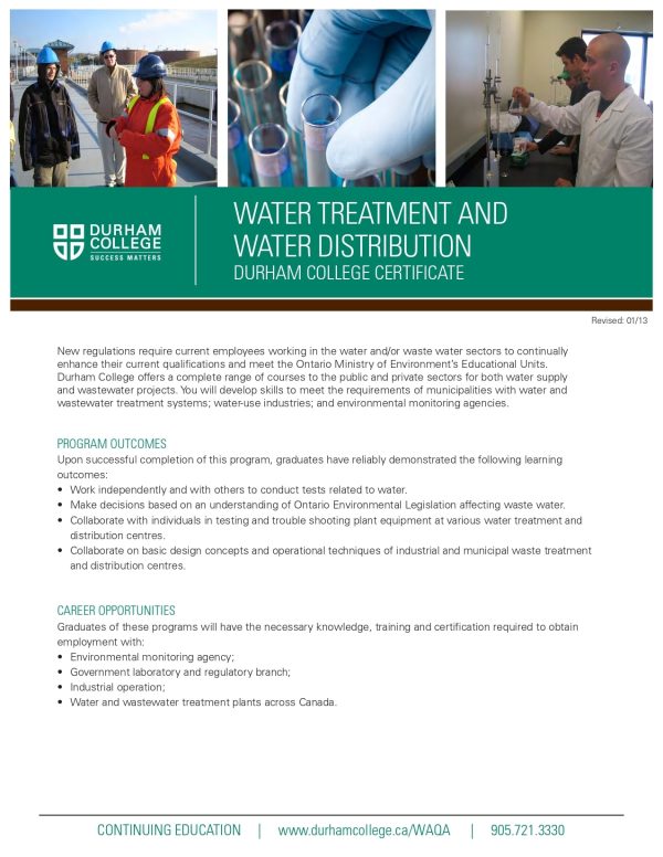 Water Treatment and Water Distribution Durham College Certificate