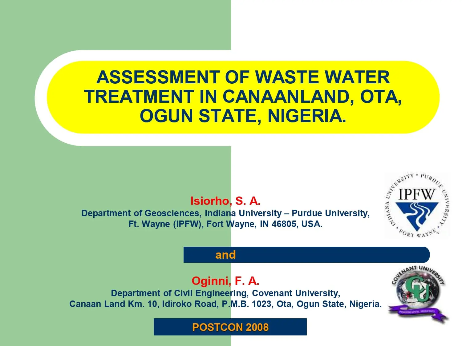 Assessment of Waste Water Treatment in Canaanland, OTA, OGUN State
