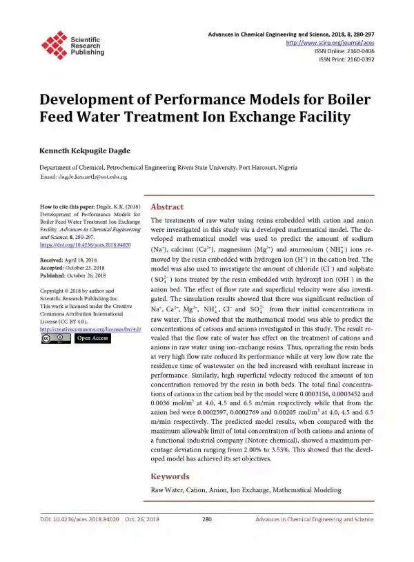 Development of Performance Models for Boiler Feed Water Treatment Ion