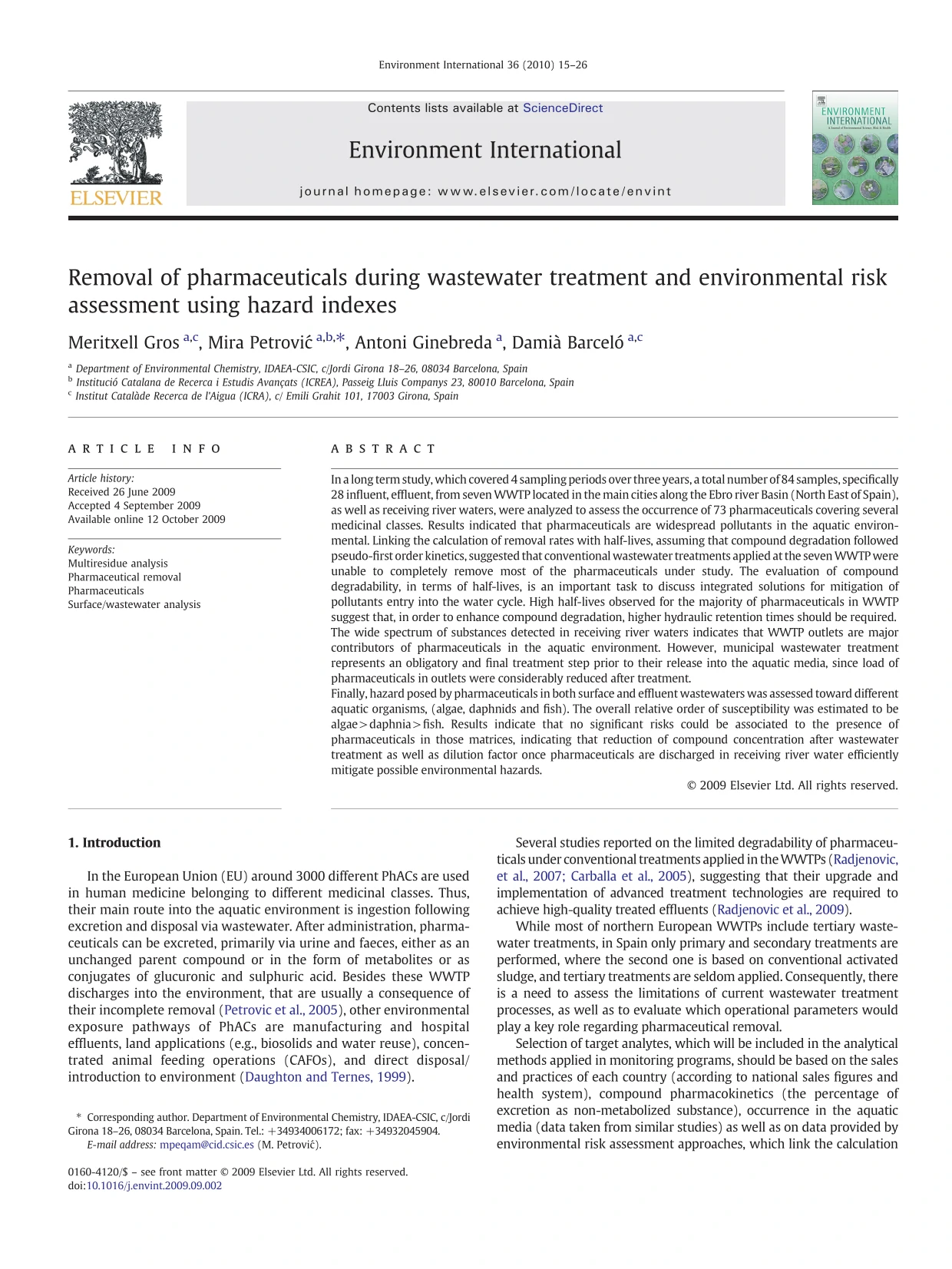 Removal of Pharmaceuticals During Wastewater Treatment and ...