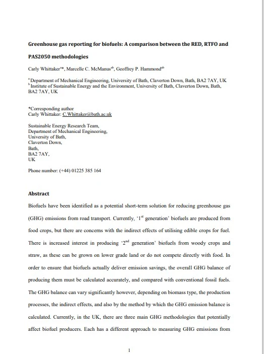Greenhouse Gas Reporting for Biofuels A comparison Between the RED, RTFO and PAS2050 Methodologies