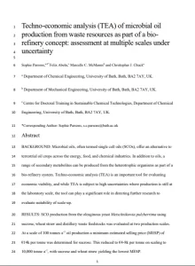 Techno-Economic Analysis (TEA) of Microbial Oil Production from Waste Resources as Part of a Bio3 Refinery Concept