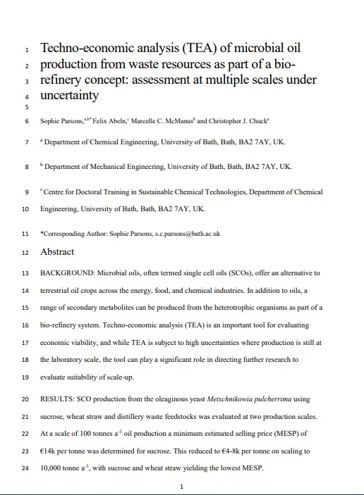 Techno-Economic Analysis (TEA) of Microbial Oil Production from Waste Resources as Part of a Bio3 Refinery Concept