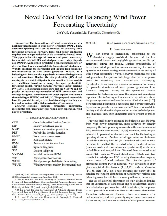 Novel Cost Model for Balancing Wind Power Forecasting Uncertainty