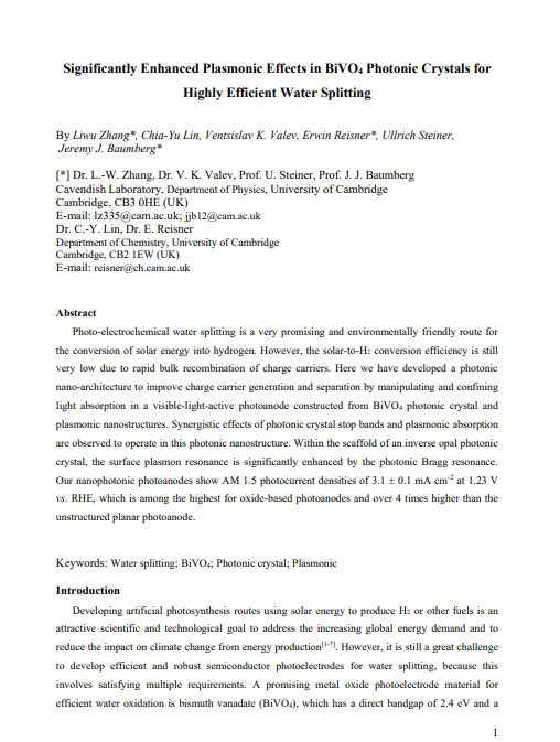 Significantly Enhanced Plasmonic Effects in BiVO4 Photonic Crystals for Highly Efficient Water Splitting
