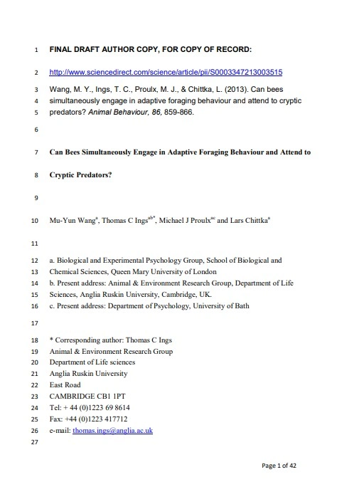 Can Bees Simultaneously Engage in Adaptive Foraging Behaviour and Attend to Cryptic Predators