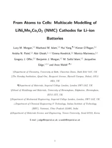 From Atoms to Cells Multiscale Modelling of LiNixMnyCozO2 Cathodes for Li–ion Batteries