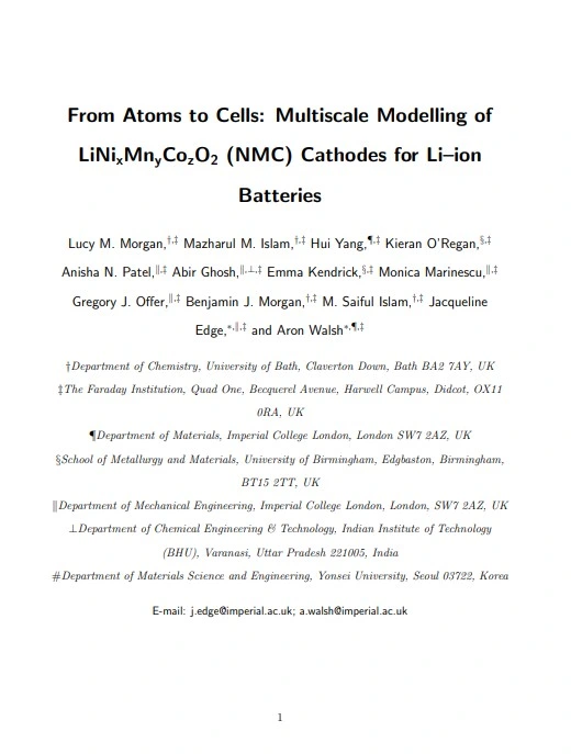 From Atoms to Cells Multiscale Modelling of LiNixMnyCozO2 Cathodes for Li–ion Batteries