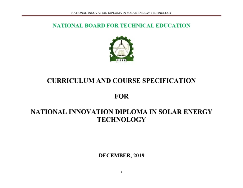 Curriculum And Course Specification For National Innovation Diploma In Solar Energy Technology