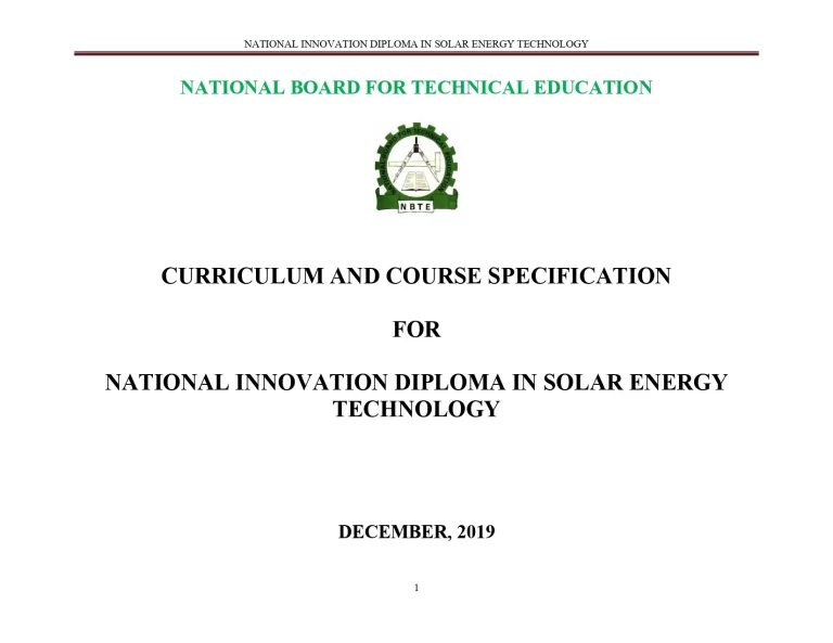 Curriculum And Course Specification For National Innovation Diploma In Solar Energy Technology