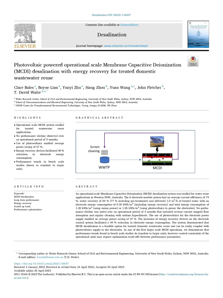 Photovoltaic Powered Operational Scale Membrane Capacitive Deionization (MCDI) Desalination With Energy Recovery For Treated Domestic