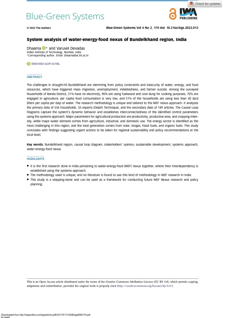 System Analysis Of Water-Energy-Food Nexus Of Bundelkhand Region, India