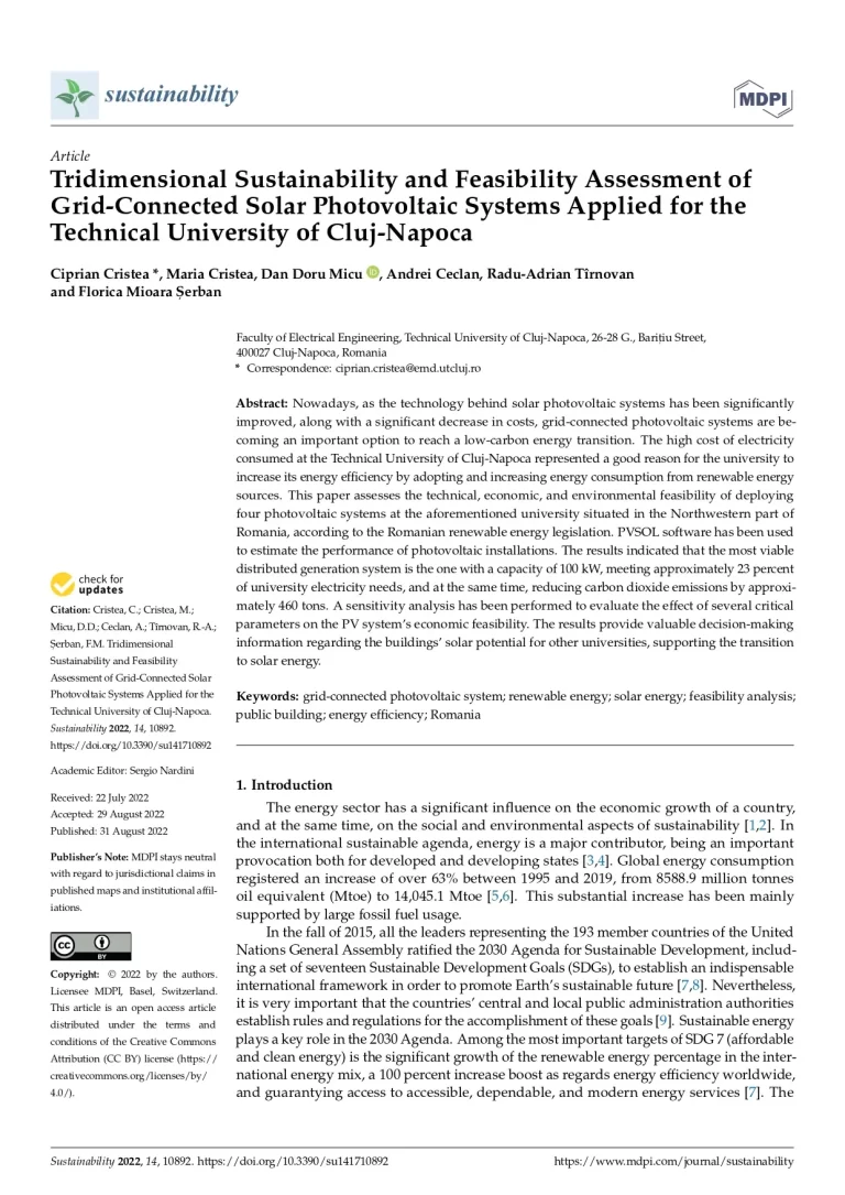 Tridimensional Sustainability and Feasibility Assessment of Grid-Connected Solar Photovoltaic Systems Applied for the Technical University of Cluj-Napoca