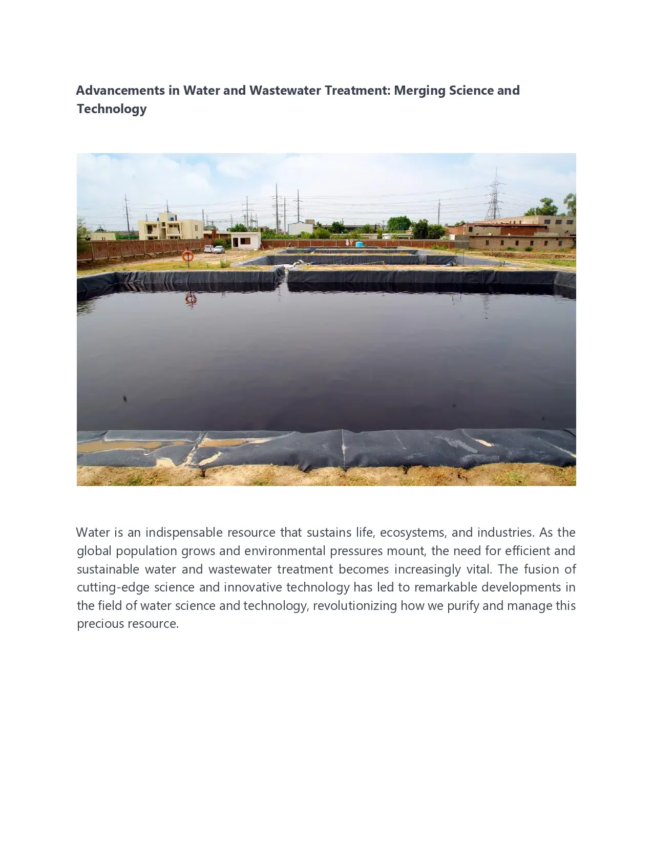 Advancements in Water and Wastewater Treatment: Merging Science and Technology