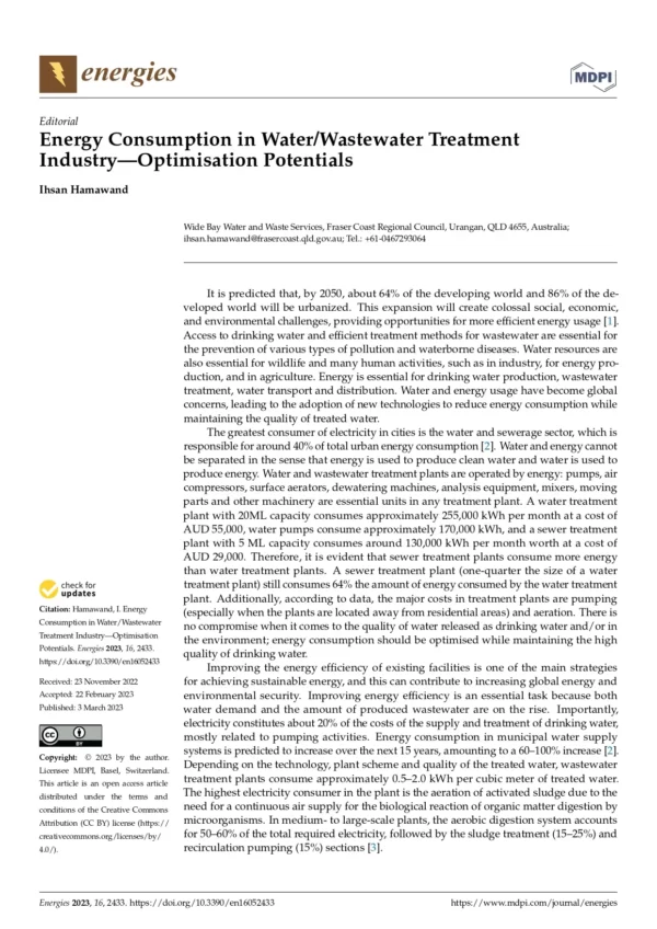 Energy Consumption in Water/Wastewater Treatment Industry—Optimisation Potentials